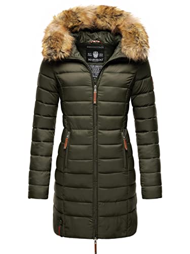 MARIKOO Damen Wintermantel warmer Steppmantel lang mit Kapuze und abnehmbarem Kunstfell-Kragen Rose Grün Gr. L von MARIKOO