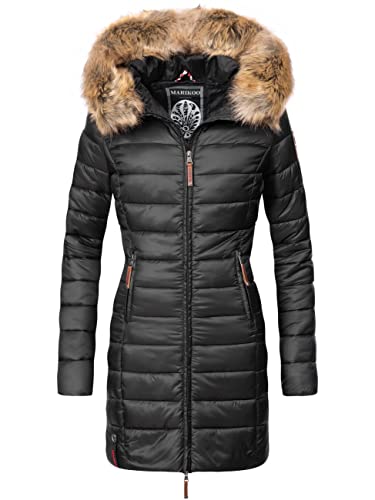 MARIKOO Damen Wintermantel warmer Steppmantel lang mit Kapuze und abnehmbarem Kunstfell-Kragen Rose Schwarz Gr. 5XL von MARIKOO