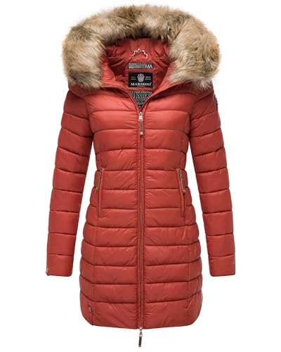 MARIKOO Damen Wintermantel warmer Steppmantel lang mit Kapuze und abnehmbarem Kunstfell-Kragen Rose Terracotta Gr. 5XL von MARIKOO