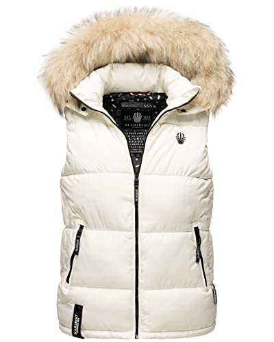 MARIKOO Damen Winter Weste Steppweste mit Kapuze und Fellkragen B896 [B896-Eisflöckchen-Offwhite-Gr.XL] von MARIKOO