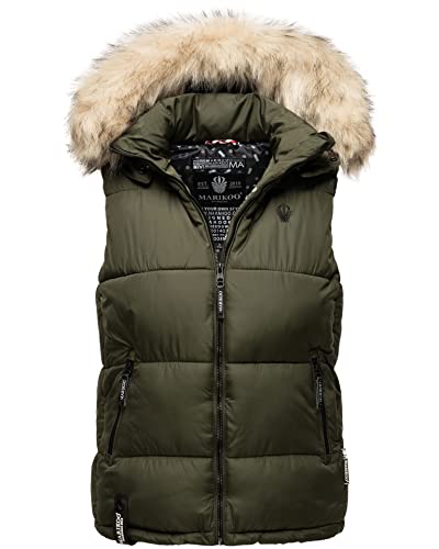 MARIKOO Damen Winter Weste Steppweste mit Kapuze und Fellkragen B896 [B896-Eisflöckchen-Olive-Gr.L] von MARIKOO