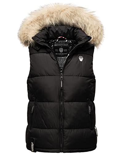 MARIKOO Damen Winter Weste Steppweste mit Kapuze und Fellkragen B896 [B896-Eisflöckchen-Schwarz-Gr.S] von MARIKOO