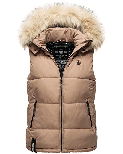 MARIKOO Damen Winter Weste Steppweste mit Kapuze und Fellkragen B896 [B896-Eisflöckchen-Taupe-Gr.XS] von MARIKOO