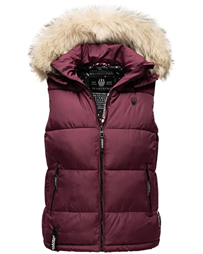 MARIKOO Damen Winter Weste Steppweste mit Kapuze und Fellkragen B896 [B896-Eisflöckchen-Weinrot-Gr.XS] von MARIKOO