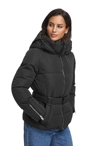 MARIKOO Damen Winterjacke (XS-XXL) - gesteppt, mit Kapuze, Taillengürtel - N055 - Schwarz Größe M - Gr.M von MARIKOO