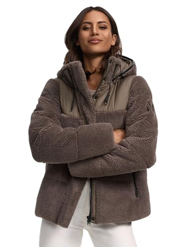 MARIKOO Damen Winterjacke (XS-XXL) - hochstehender und gefütterter Kragen, 4 Taschen, große Kapuze, Teddy-Puffer-Jacke, Warme Jacke Frauen - N030 (M, St-Brown) von MARIKOO