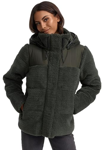 MARIKOO Damen Winterjacke (XS-XXL) - hochstehender und gefütterter Kragen, 4 Taschen, große Kapuze, Teddy-Puffer-Jacke, Warme Jacke Frauen - N030 (XS, Olive) von MARIKOO