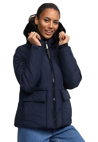 MARIKOO Damen Winterjacke (XS-XXL) - leicht, 6 Taschen, teils mit Teddyfell, Kapuze mit Kunstfellkragen, Warme Jacke Frauen - N005 (M, Navy) von MARIKOO