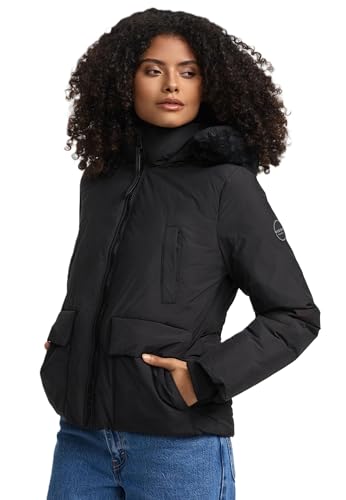 MARIKOO Damen Winterjacke (XS-XXL) - leicht, 6 Taschen, teils mit Teddyfell, Kapuze mit Kunstfellkragen, Warme Jacke Frauen - N005 (XS, Schwarz) von MARIKOO
