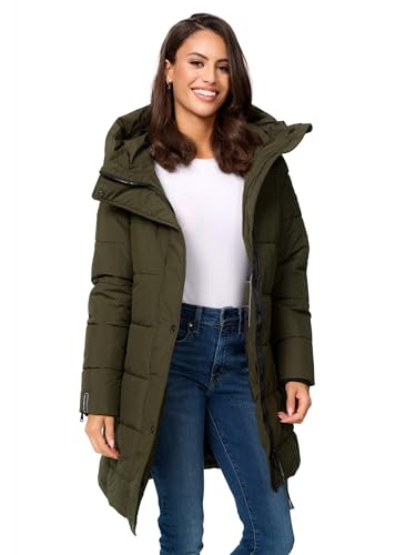 MARIKOO Damen Winterjacke Stepp Winter Jacke Übergang Steppjacke lang warm Kapuze B987 [B987-Karumik-Dark-Olive-Gr.L] von MARIKOO