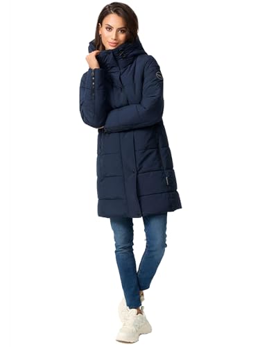 MARIKOO Damen Winterjacke Stepp Winter Jacke Übergang Steppjacke lang warm Kapuze B987 [B987-Karumik-Navy-Gr.L] von MARIKOO