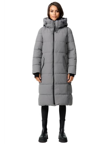 MARIKOO Damen Winterjacke Stepp Winter Jacke gesteppt lang warm Kapuze B989 [B989-Zurar-Grau-Gr.L] von MARIKOO