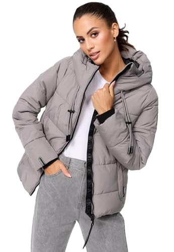 MARIKOO Damen Winterjacke Steppjacke Winter Jacke gesteppt warm mit Kapuze B977 [B977-Shimo-Grau-Gr.M] von MARIKOO