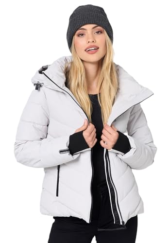 MARIKOO Winterjacke Damen (XS-XXL) - Wasserabweisend, Warm, Kapuze abnehmbar, Winddicht - Steppjacke, Frauen - Stehkragen, 4 Taschen, verlängerter Zipper - Light Grey L von MARIKOO