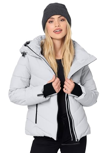 MARIKOO Winterjacke Damen (XS-3XL) - Wasserabweisend, Warm, Kapuze abnehmbar, Winddicht - Steppjacke, Frauen - Stehkragen, 4 Taschen, verlängerter Zipper - Light Grey XL von MARIKOO