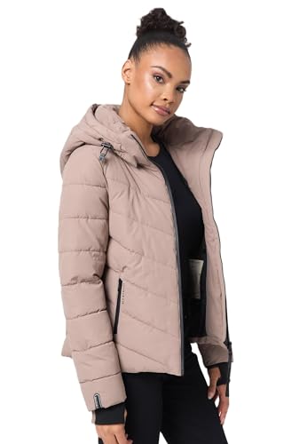 MARIKOO Winterjacke Damen (XS-3XL) - Wasserabweisend, Warm, Kapuze abnehmbar, Winddicht - Steppjacke, Frauen - Stehkragen, 4 Taschen, verlängerter Zipper - Taupe Grey XXL von MARIKOO