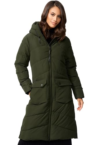 MARIKOO Damen Winterjacke gesteppt lang gesteppte Winter Jacke warm Kapuze B984 [B984-Tomom-Dark-Olive-Gr.L] von MARIKOO