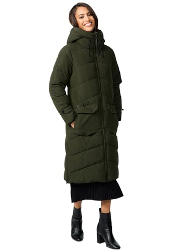 MARIKOO Damen Winterjacke gesteppt lang gesteppte Winter Jacke warm Kapuze B984 [B984-Tomom-Dark-Olive-Gr.M] von MARIKOO