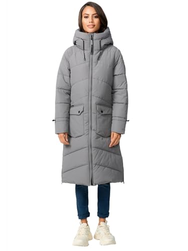 MARIKOO Damen Winterjacke gesteppt lang gesteppte Winter Jacke warm Kapuze B984 [B984-Tomom-Grau-Gr.L] von MARIKOO