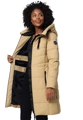 MARIKOO Damen Winterjacke lange Winter Stepp Jacke mit Teddyfell warm gefüttert B978 [B978-Natsuk-Beige-Gr.L] von MARIKOO