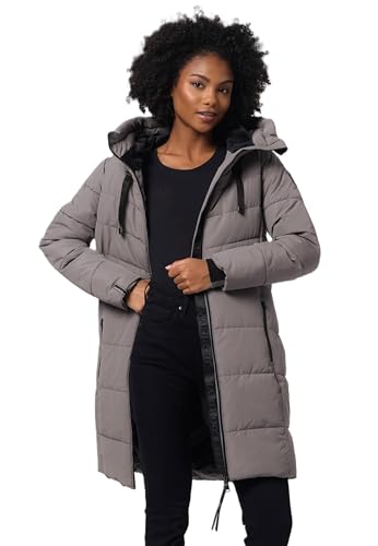 MARIKOO Damen Winterjacke lange Winter Stepp Jacke mit Teddyfell warm gefüttert B978 [B978-Natsuk-Grau-Gr.L] von MARIKOO