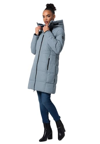 MARIKOO Damen Winterjacke lange Winter Stepp Jacke mit Teddyfell warm gefüttert B978 [B978-Natsuk-Powder-Blue-Gr.L] von MARIKOO