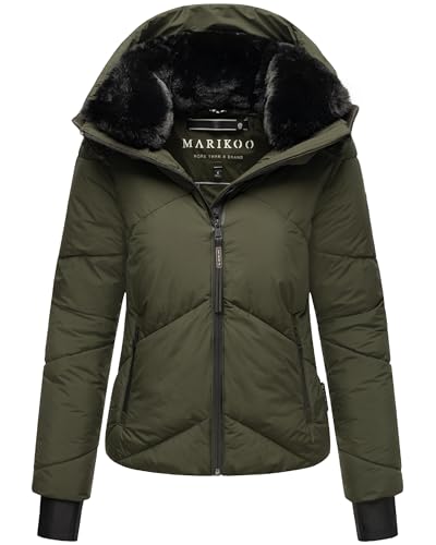 MARIKOO Damen Winterjacke warme Steppjacke mit Fellkragen und (Abnehmbarer) Kapuze Simaraa XVI Dark Olive Gr. XL von MARIKOO
