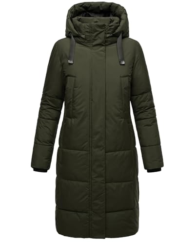 MARIKOO Damen Wintermantel Warmer Steppmantel lang aus recyceltem Material mit Abnehmbarer Kapuze Laryaa XVI Dark Olive Gr. M von MARIKOO