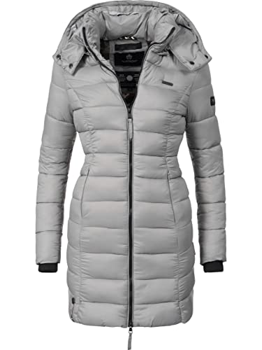 MARIKOO Damen Wintermantel Warmer Steppmantel lang mit Abnehmbarer Kapuze Abendsternchen Grau Gr. L von MARIKOO
