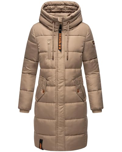 MARIKOO Damen Wintermantel warmer Steppmantel lang mit Brusttasche und verstellbarer Kapuze Yuikoo Taupe Grey Gr. XL von MARIKOO