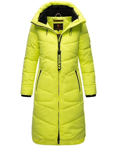 MARIKOO Damen Wintermantel gesteppt warm gefütterter Steppmantel lang mit Kapuze Benikoo Neon Green Gr. L von MARIKOO