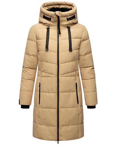 MARIKOO Damen Wintermantel warmer Steppmantel lang mit verstellbarer Kapuze und hohem Kragen Natsukoo XVI Beige Gr. XL von MARIKOO