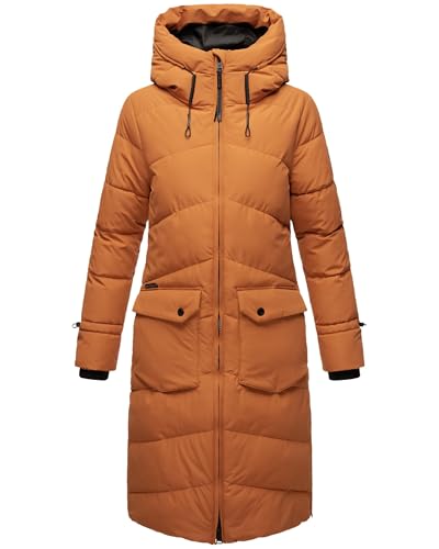 MARIKOO Damen Wintermantel Warmer Steppmantel lang mit Kapuze und Gehschlitzen Tomomii XVI Rusty Cinnamon Gr. XXL von MARIKOO