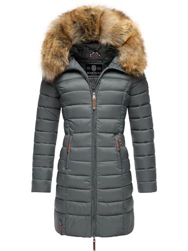 MARIKOO Damen Wintermantel warmer Steppmantel lang mit Kapuze und abnehmbarem Kunstfell-Kragen Rose Stormy Blue Gr. 5XL von MARIKOO