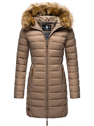 MARIKOO Damen Wintermantel warmer Steppmantel lang mit Kapuze und abnehmbarem Kunstfell-Kragen Rose Taupe Gr. L von MARIKOO