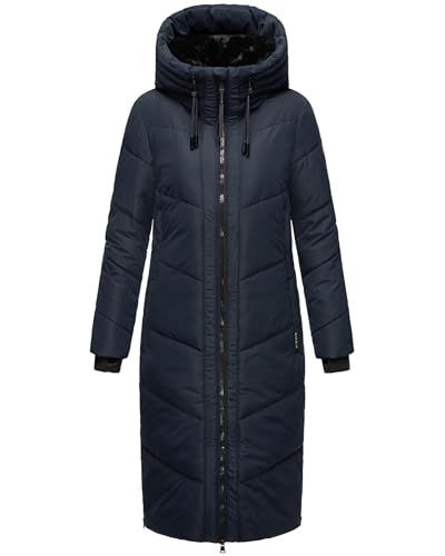 MARIKOO Damen Wintermantel Warmer Steppmantel lang mit Kapuze und abnehmbarem Kunstfellkragen Nadaree XVI Navy Gr. M von MARIKOO