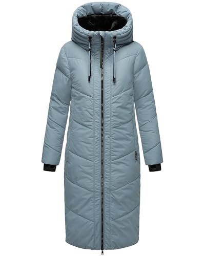 MARIKOO Damen Wintermantel Warmer Steppmantel lang mit Kapuze und abnehmbarem Kunstfellkragen Nadaree XVI Powder Blue Gr. XXL von MARIKOO