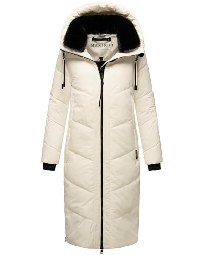 MARIKOO Damen Wintermantel warmer Steppmantel lang mit verstellbarer Kapuze und hohem Kragen Nadaree XVI Offwhite Gr. L von MARIKOO