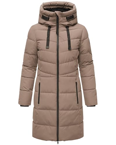 MARIKOO Damen Wintermantel warmer Steppmantel lang mit verstellbarer Kapuze und hohem Kragen Natsukoo XVI Taupe Grey Gr. L von MARIKOO
