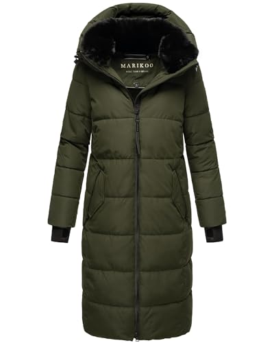 MARIKOO Damen Wintermantel Warmer Steppmantel lang mit abnehmbarem Kunstfellkragen Zuraraa XVI Dark Olive Gr. XL von MARIKOO
