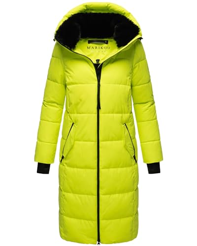 MARIKOO Damen Wintermantel Warmer Steppmantel lang mit abnehmbarem Kunstfellkragen Zuraraa XVI Neon Green Gr. S von MARIKOO