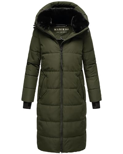 MARIKOO Damen Wintermantel Warmer Steppmantel lang wasserdicht mit abnehmbarem Kunstfellkragen Zuraraa XVI Dark Olive Gr. S von MARIKOO