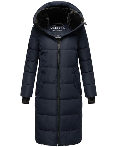 MARIKOO Damen Wintermantel Warmer Steppmantel lang mit abnehmbarem Kunstfellkragen Zuraraa XVI Navy Gr. S von MARIKOO