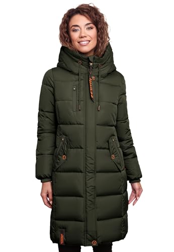 MARIKOO Damen Wintermantel Winterjacke mit Kapuze Steppmantel B941 [B941-Yuik-Dark-Olive-Gr.L] von MARIKOO