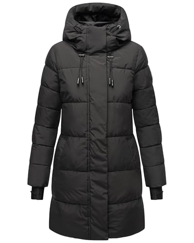 MARIKOO Damen Wintermantel aus recyceltem Material Warmer Steppmantel lang mit Verstellbarer Kapuze und reflektierenden Details Kaituu XVI Black Gr. L von MARIKOO