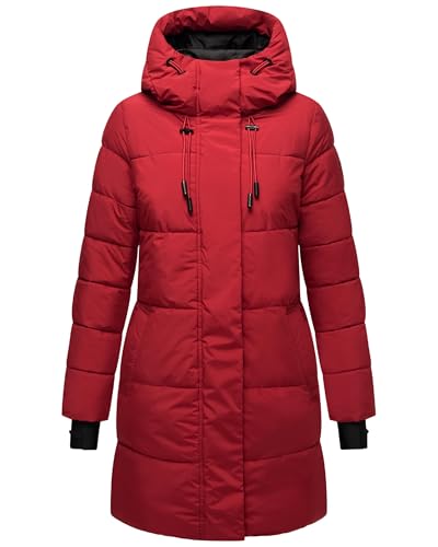 MARIKOO Damen Wintermantel aus recyceltem Material Warmer Steppmantel lang mit Verstellbarer Kapuze und reflektierenden Details Kaituu XVI Dark Red Gr. L von MARIKOO