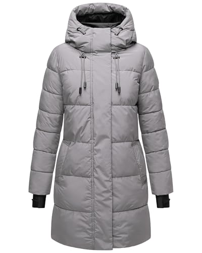MARIKOO Damen Wintermantel aus recyceltem Material Warmer Steppmantel lang mit Verstellbarer Kapuze und reflektierenden Details Kaituu XVI Grey Gr. XXL von MARIKOO