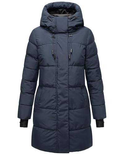 MARIKOO Damen Wintermantel aus recyceltem Material Warmer Steppmantel lang mit Verstellbarer Kapuze und reflektierenden Details Kaituu XVI Navy Gr. XXL von MARIKOO