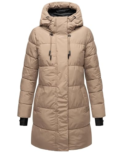 MARIKOO Damen Wintermantel aus recyceltem Material Warmer Steppmantel lang mit Verstellbarer Kapuze und reflektierenden Details Kaituu XVI Taupe Grey Gr. 3XL von MARIKOO