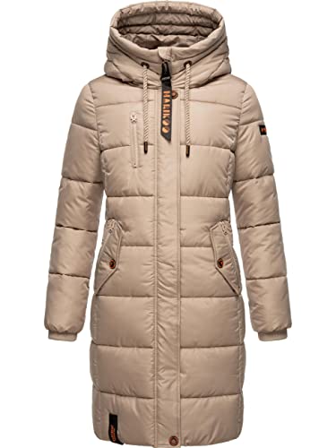 MARIKOO Damen Wintermantel warmer Steppmantel lang mit Brusttasche und verstellbarer Kapuze Yuikoo Taupe Gr. XXL von MARIKOO